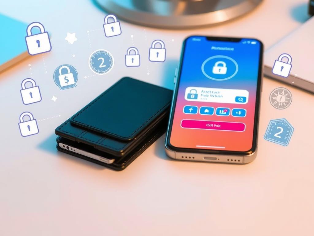 Crypto security concept with hardware wallet and security icons Crypto security concept with hardware wallet and security icons