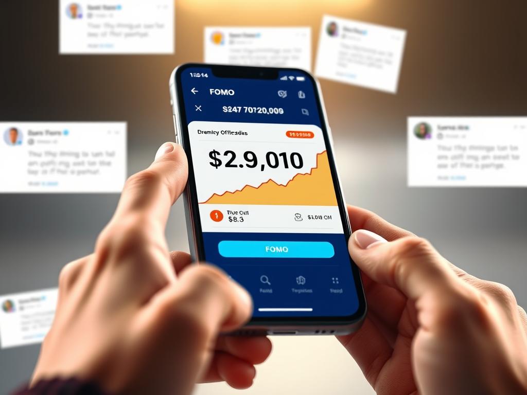 Person impulsively buying crypto on phone with FOMO displayed Person impulsively buying crypto on phone with FOMO displayed
