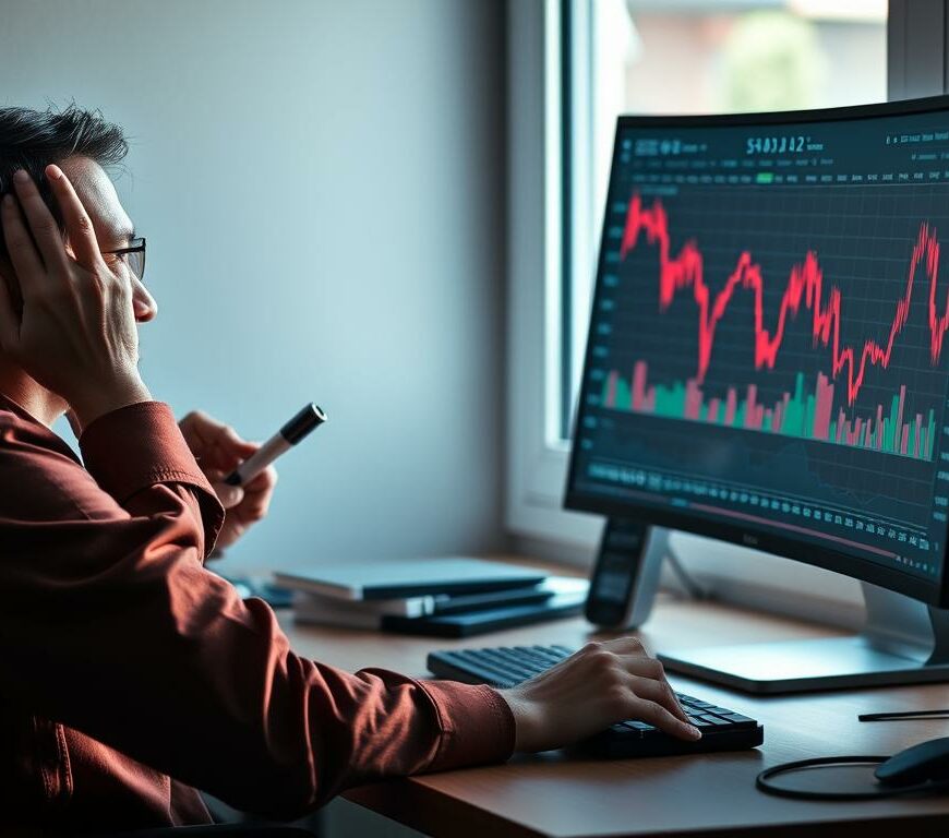 Person looking stressed at crypto trading charts on computer screen
