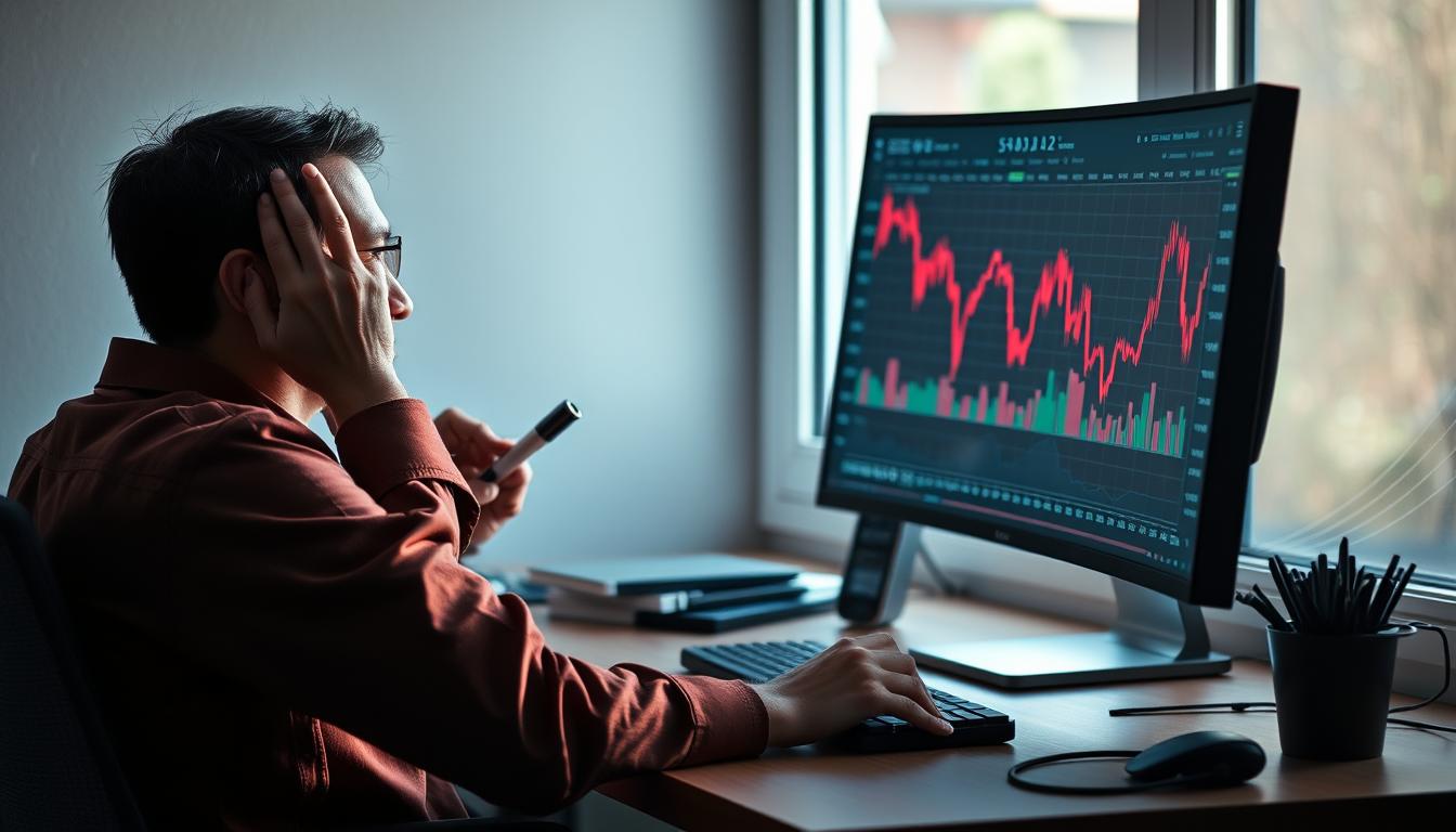 Person looking stressed at crypto trading charts on computer screen
