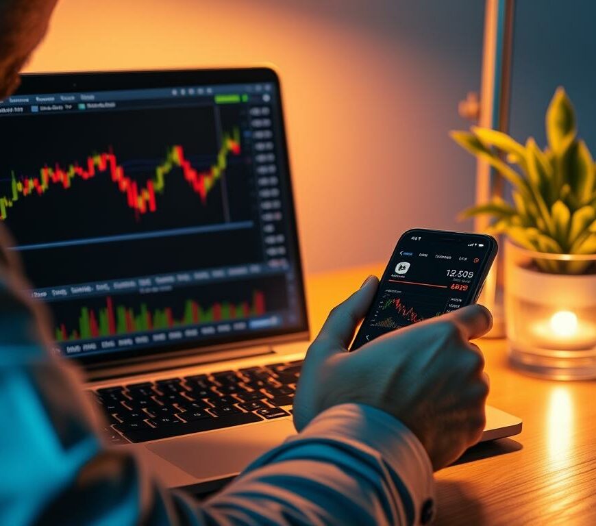 Person looking at crypto investing charts on laptop and smartphone
