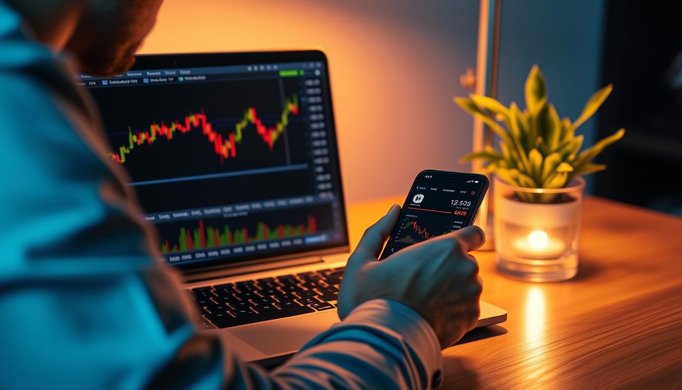Person looking at crypto investing charts on laptop and smartphone